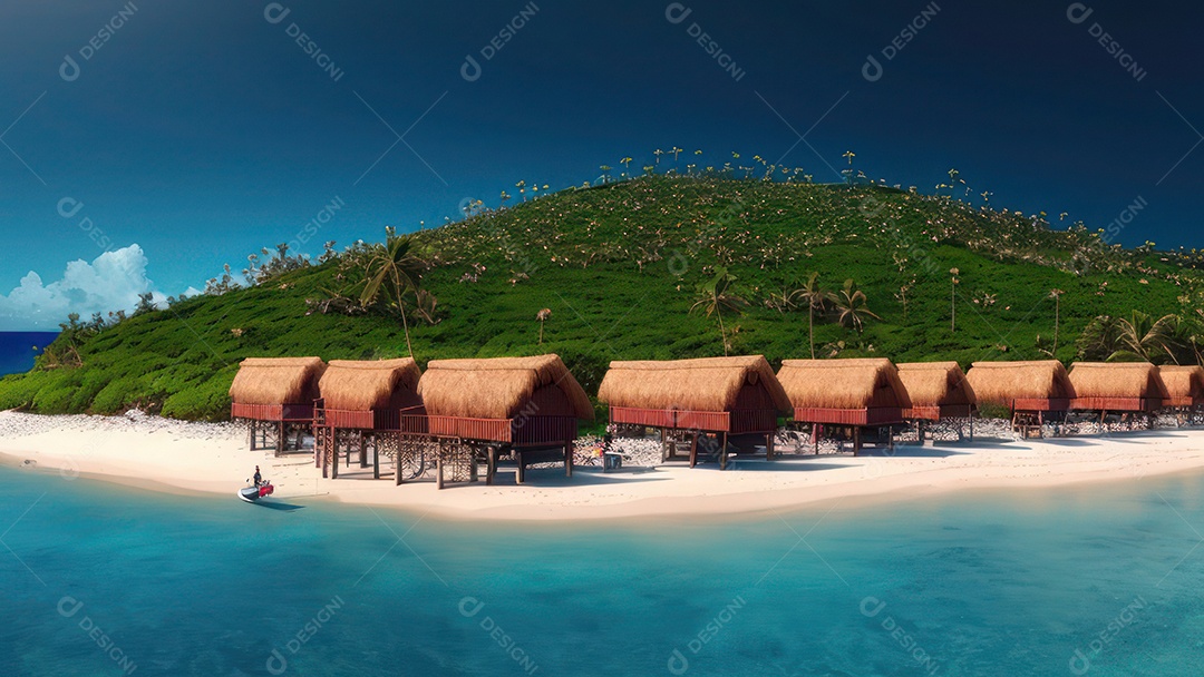 Imagem realista de cabana de praia sobre dia ensolarado.