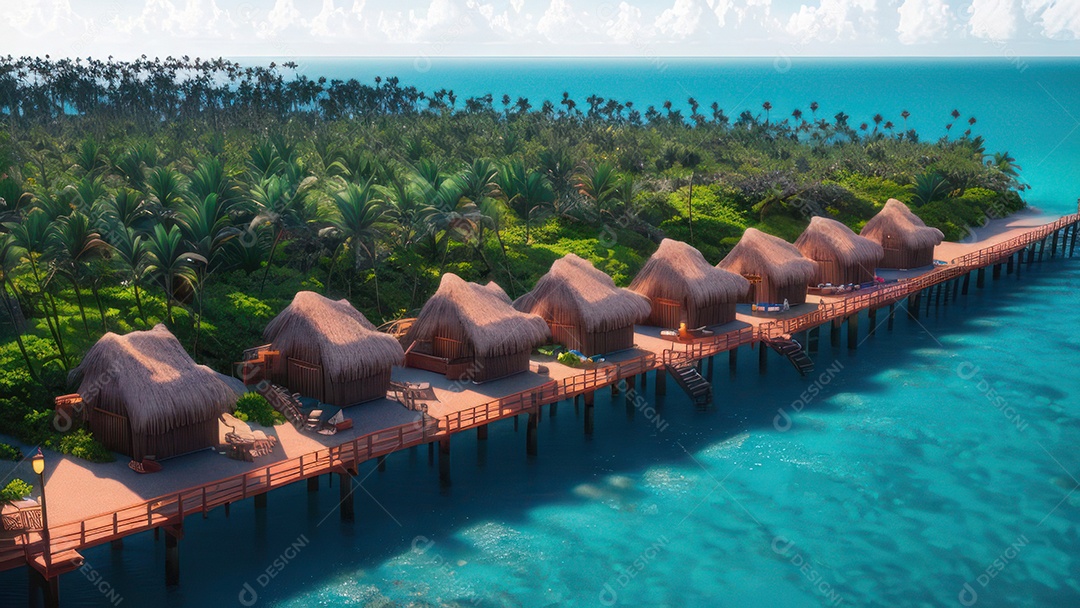 Imagem realista de cabana de praia sobre dia ensolarado.