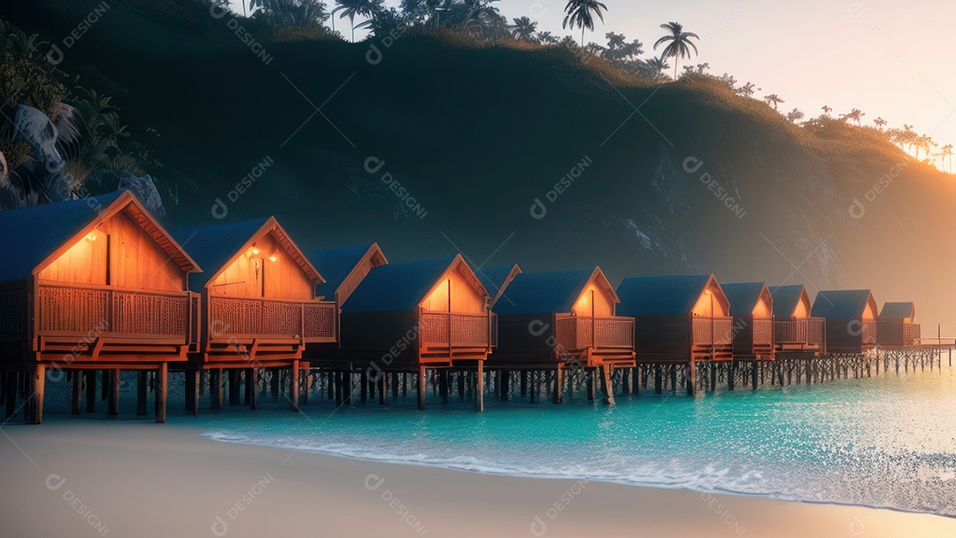 Imagem realista de cabana de praia sobre dia ensolarado.