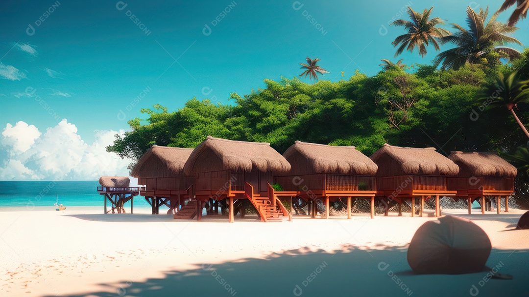 Imagem realista de cabana de praia sobre dia ensolarado.