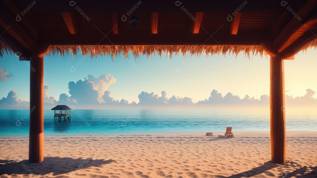 Imagem realista de cabana de praia sobre dia ensolarado.