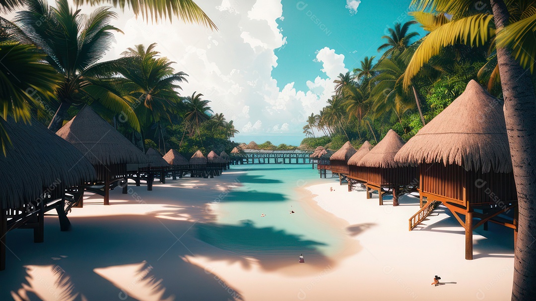 Imagem realista de cabana de praia sobre dia ensolarado.