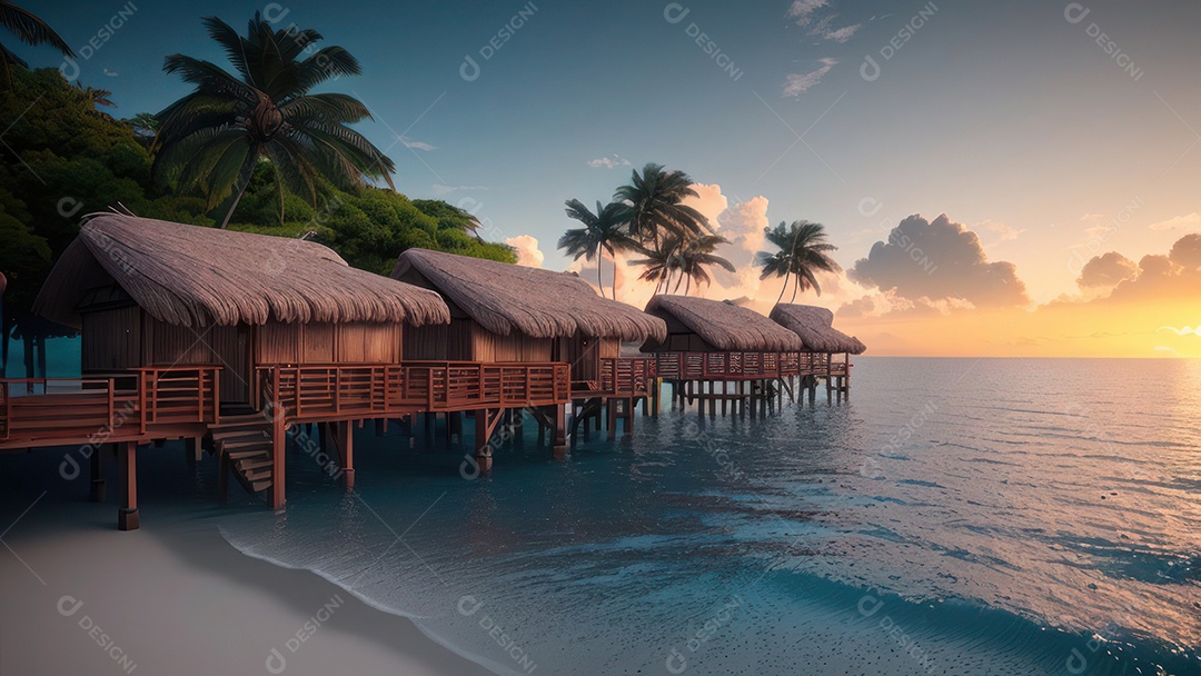 Imagem realista de cabana de praia sobre dia ensolarado.