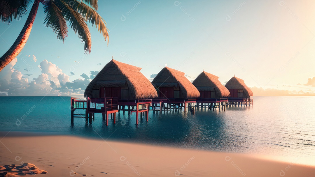 Imagem realista de cabana de praia sobre dia ensolarado.