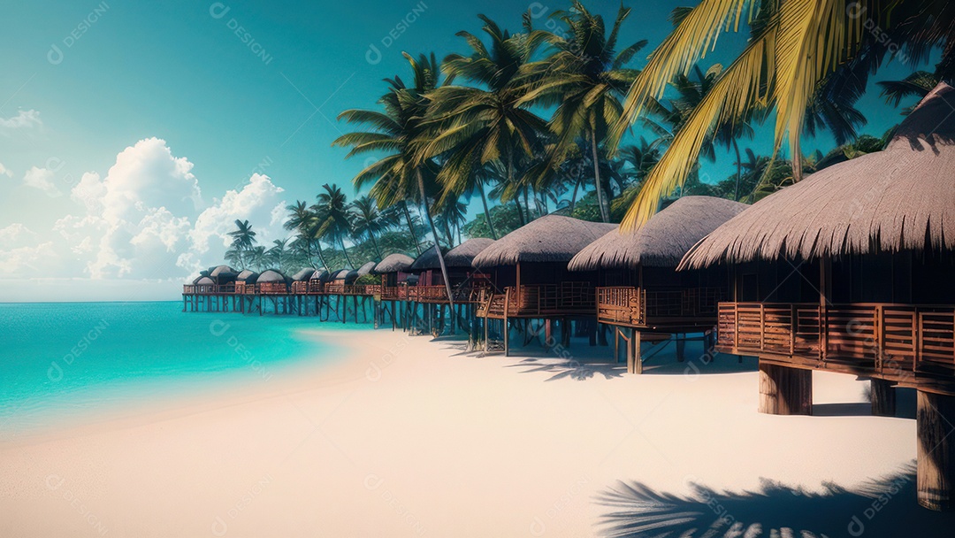 Imagem realista de cabana de praia sobre dia ensolarado.