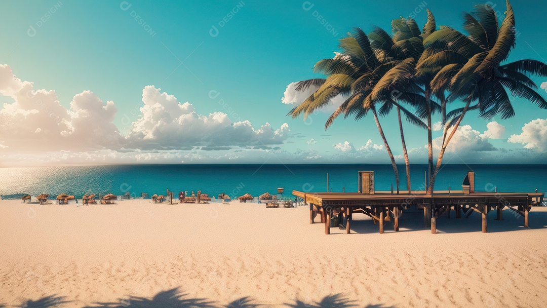Imagem realista de cabana de praia sobre dia ensolarado.
