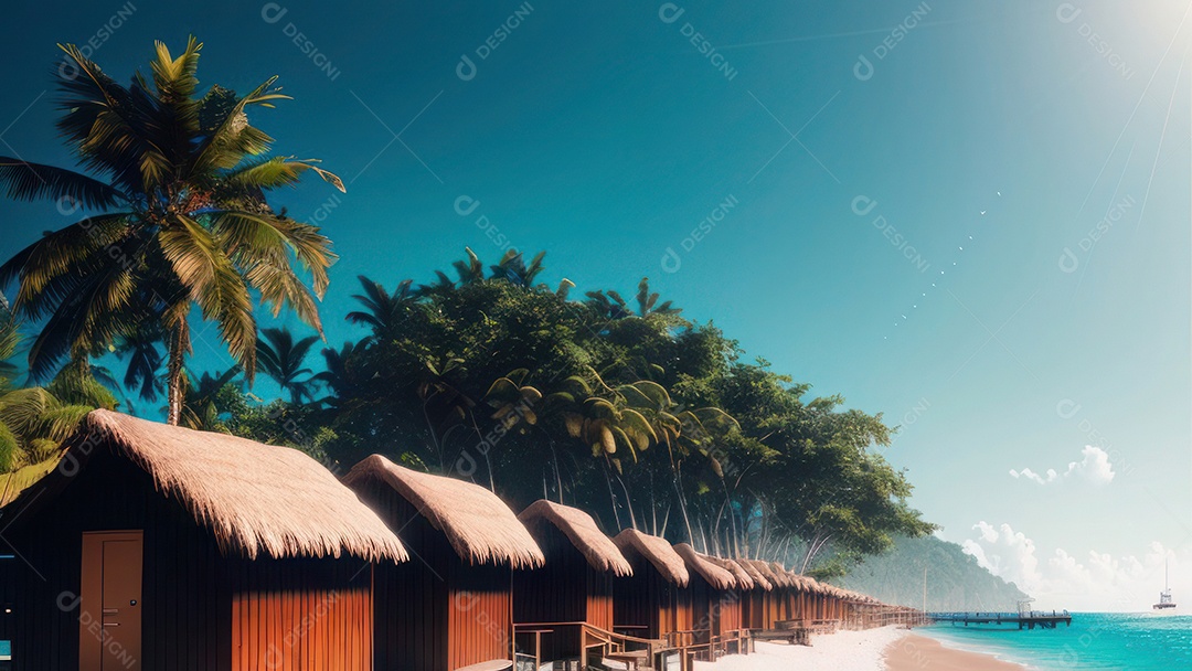 Imagem realista de cabana de praia sobre dia ensolarado.