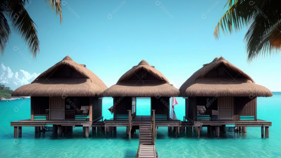 Imagem realista de cabana de praia sobre dia ensolarado.