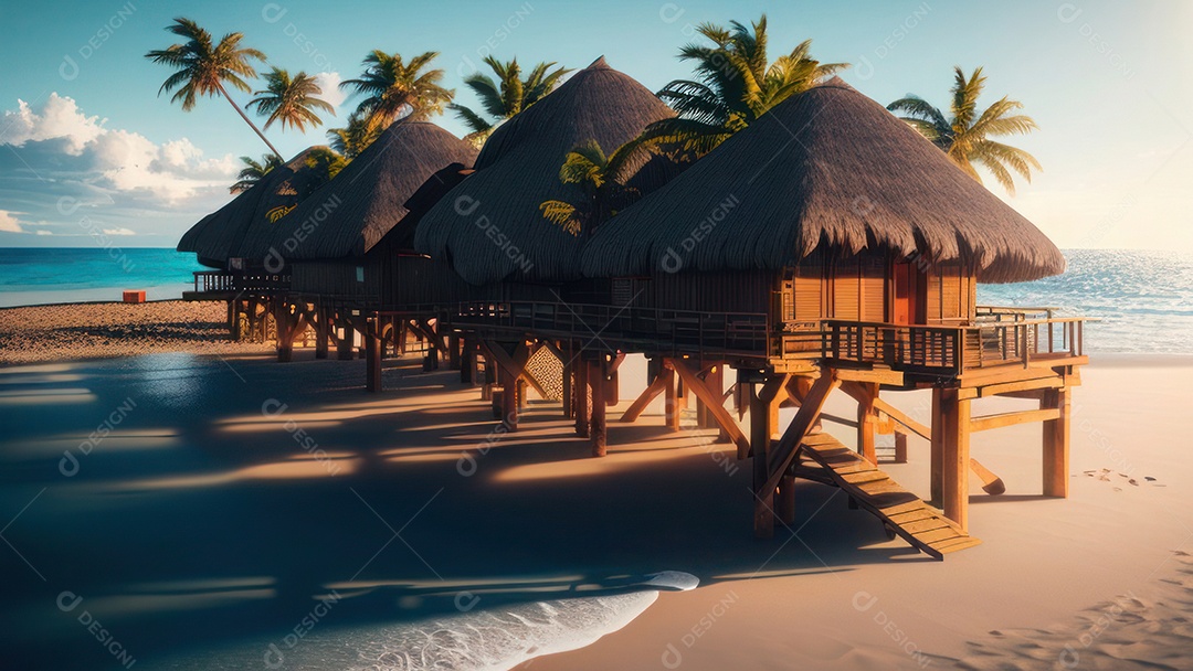 Imagem realista de cabana de praia sobre dia ensolarado.