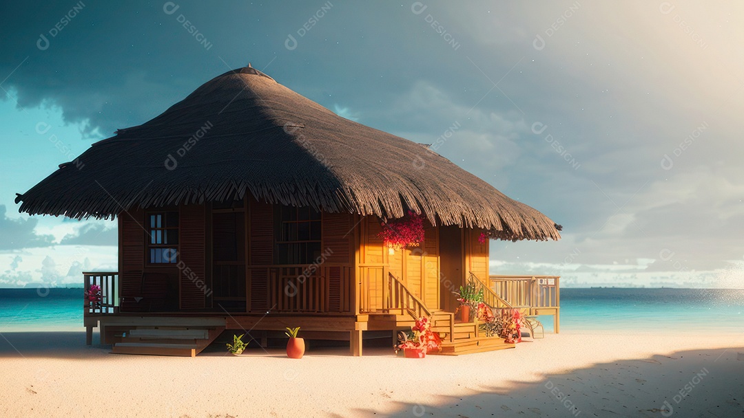 Imagem realista de cabana de praia sobre dia ensolarado.