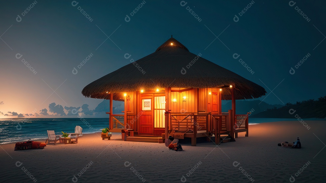 Imagem realista de cabana de praia sobre dia ensolarado.