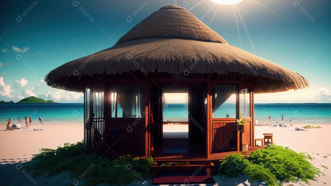 Imagem realista de cabana de praia sobre dia ensolarado.