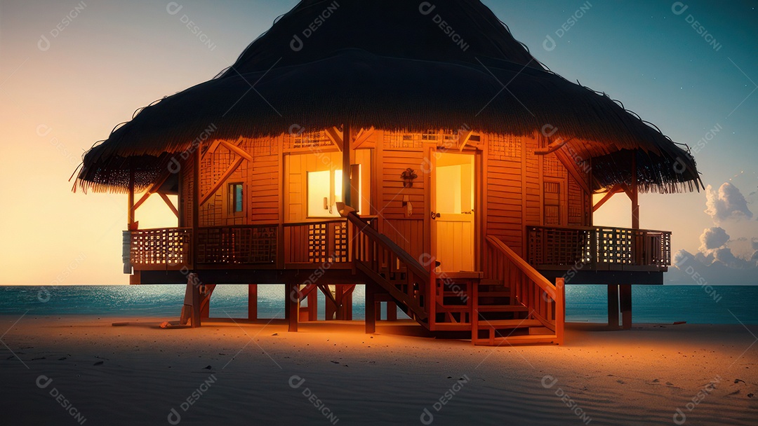 Imagem realista de cabana de praia sobre dia ensolarado.