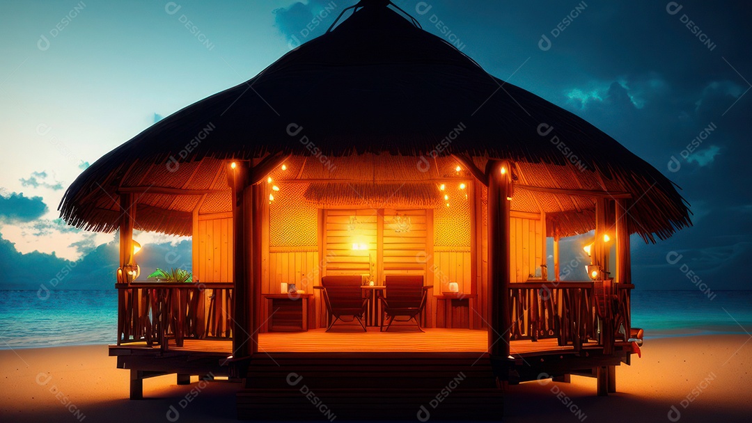 Imagem realista de cabana de praia sobre dia ensolarado.