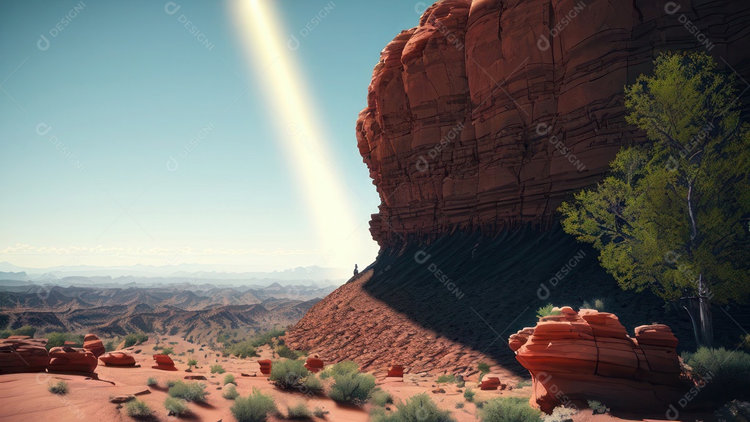 Imagem realista de deserto com rochas céu azul.