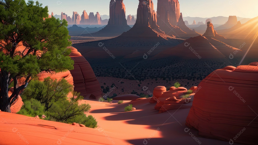 Imagem realista de deserto com rochas céu azul.