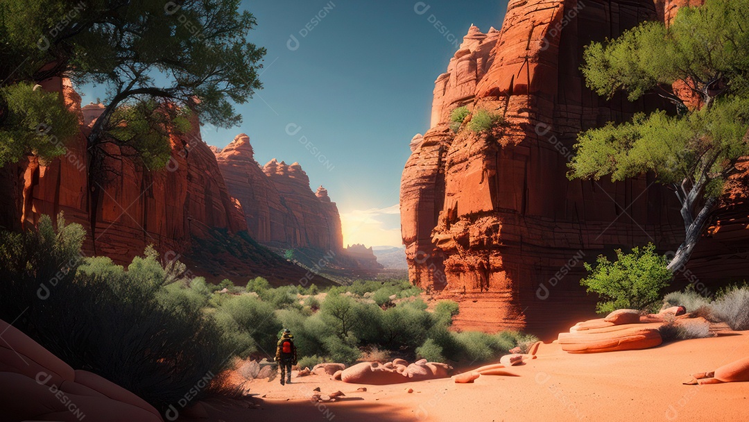 Imagem realista de deserto com rochas céu azul.