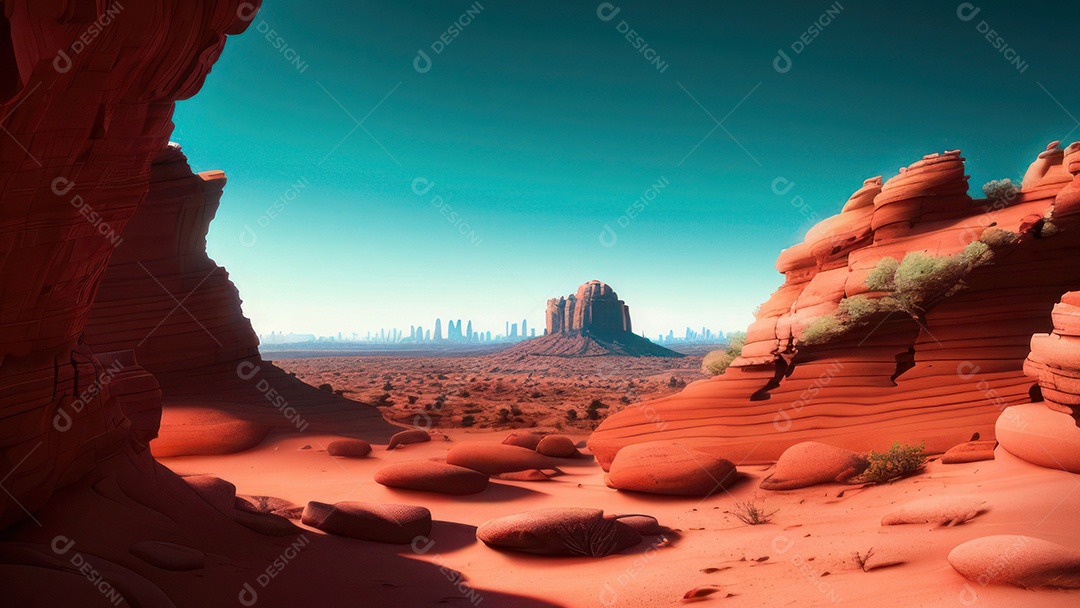 Imagem realista de deserto com rochas céu azul.