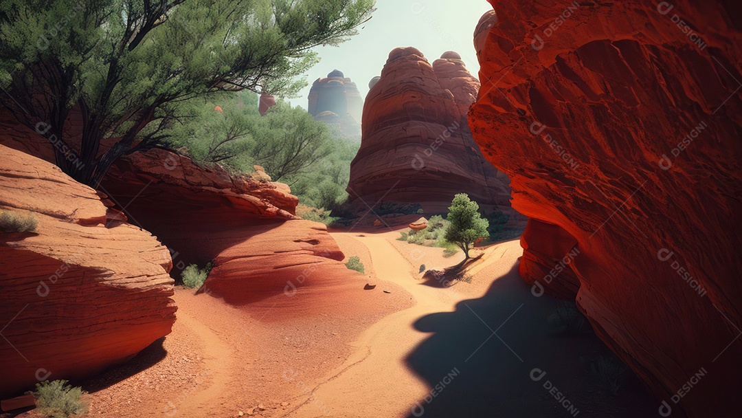 Imagem realista de deserto com rochas céu azul.