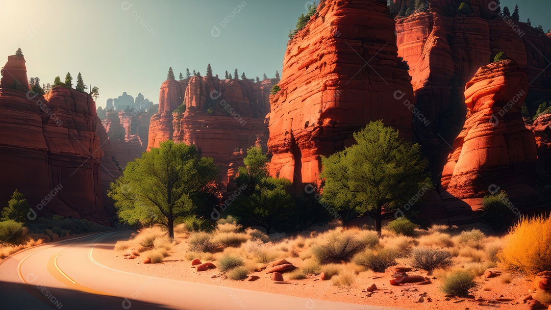 Imagem realista de deserto com rochas céu azul.