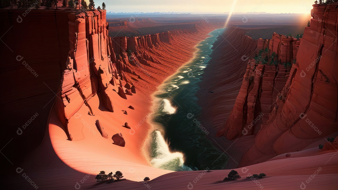 Imagem realista de deserto com rochas céu azul.