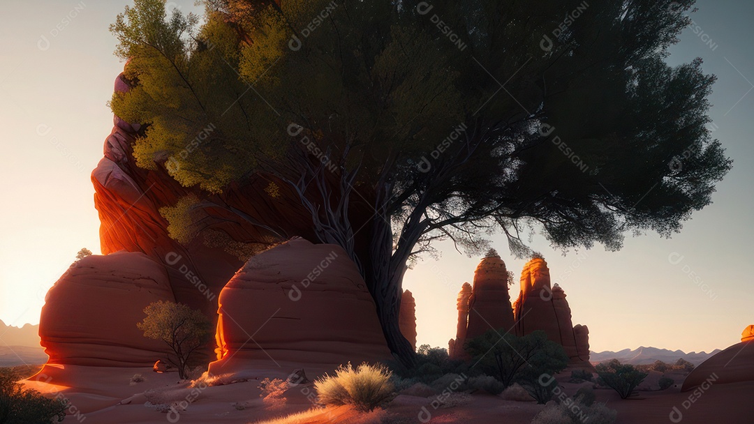 Imagem realista de deserto com rochas céu azul.
