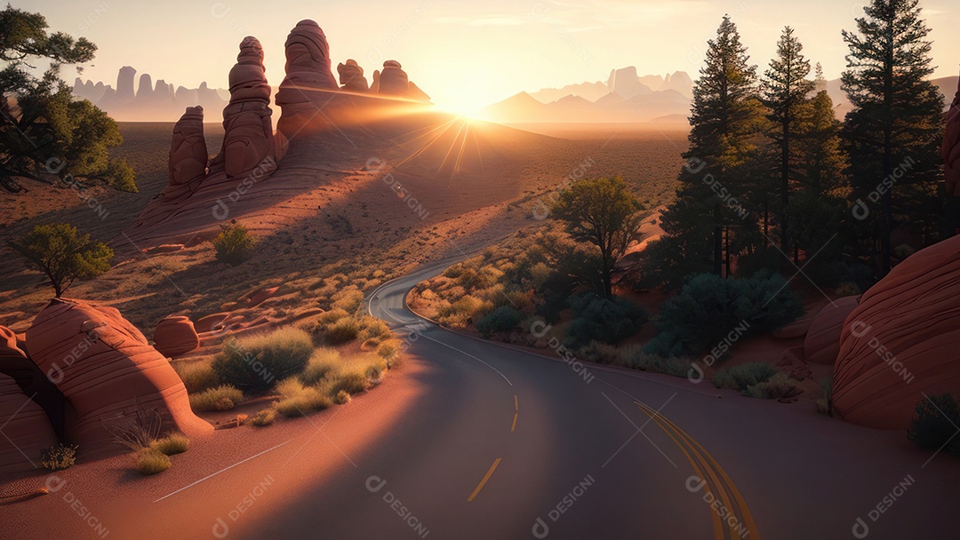 Imagem realista de deserto com rochas céu azul.