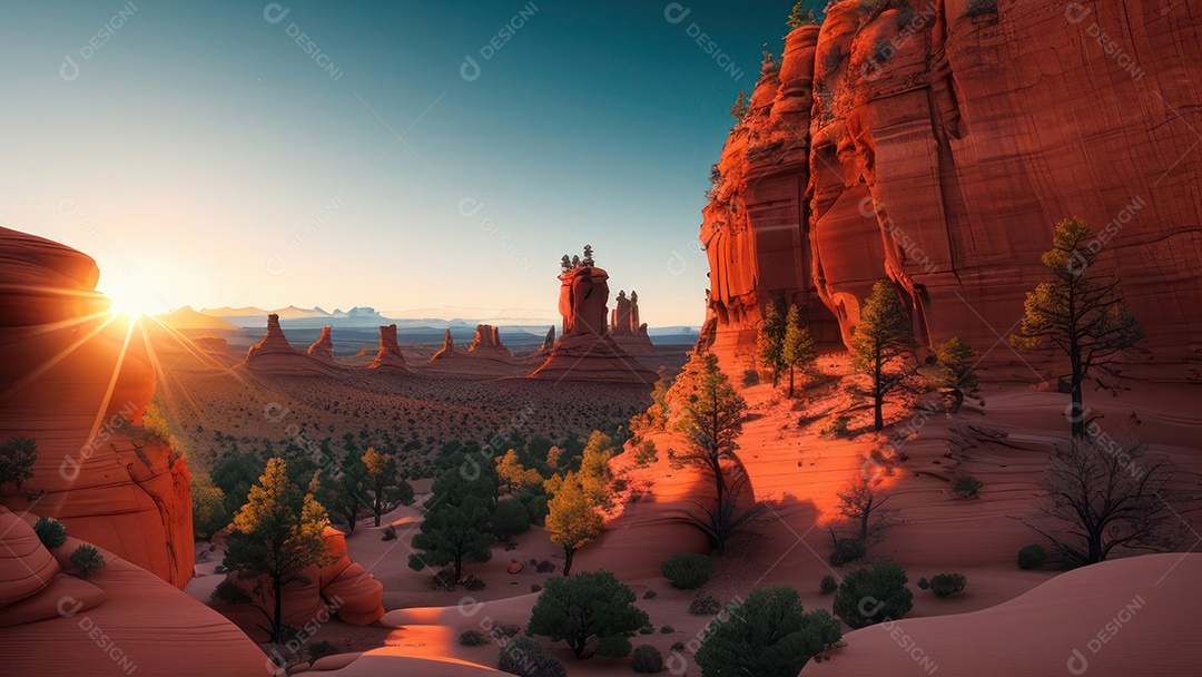 Imagem realista de deserto com rochas céu azul.