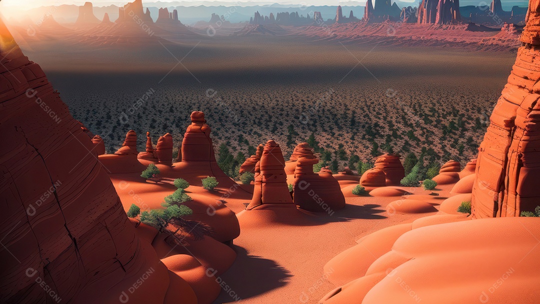 Imagem realista de deserto com rochas céu azul.