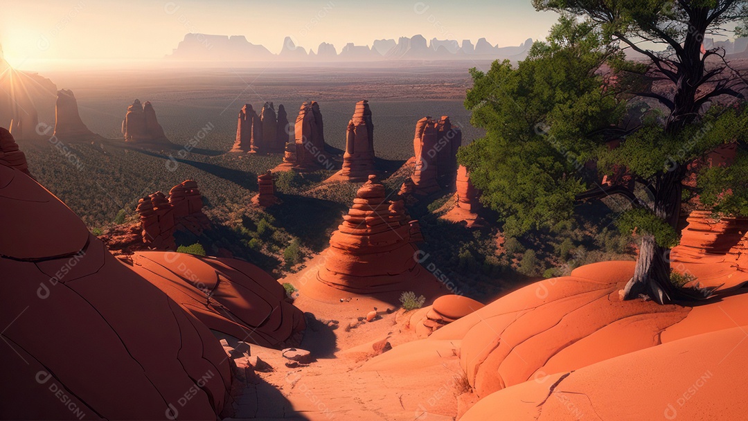 Imagem realista de deserto com rochas céu azul.