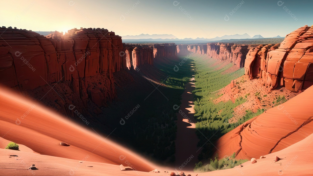 Imagem realista de deserto com rochas céu azul.