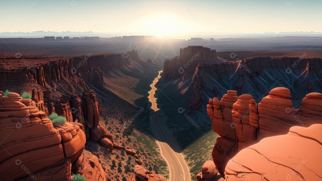 Imagem realista de deserto com rochas céu azul.