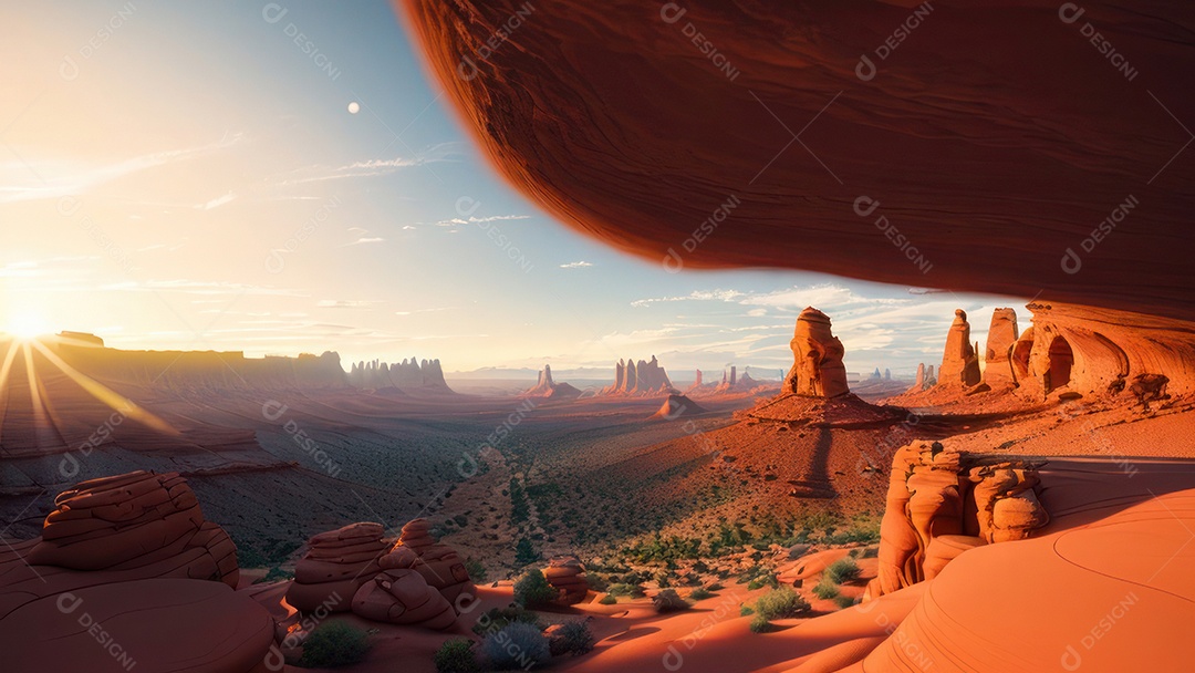 Imagem realista de deserto com rochas céu azul.