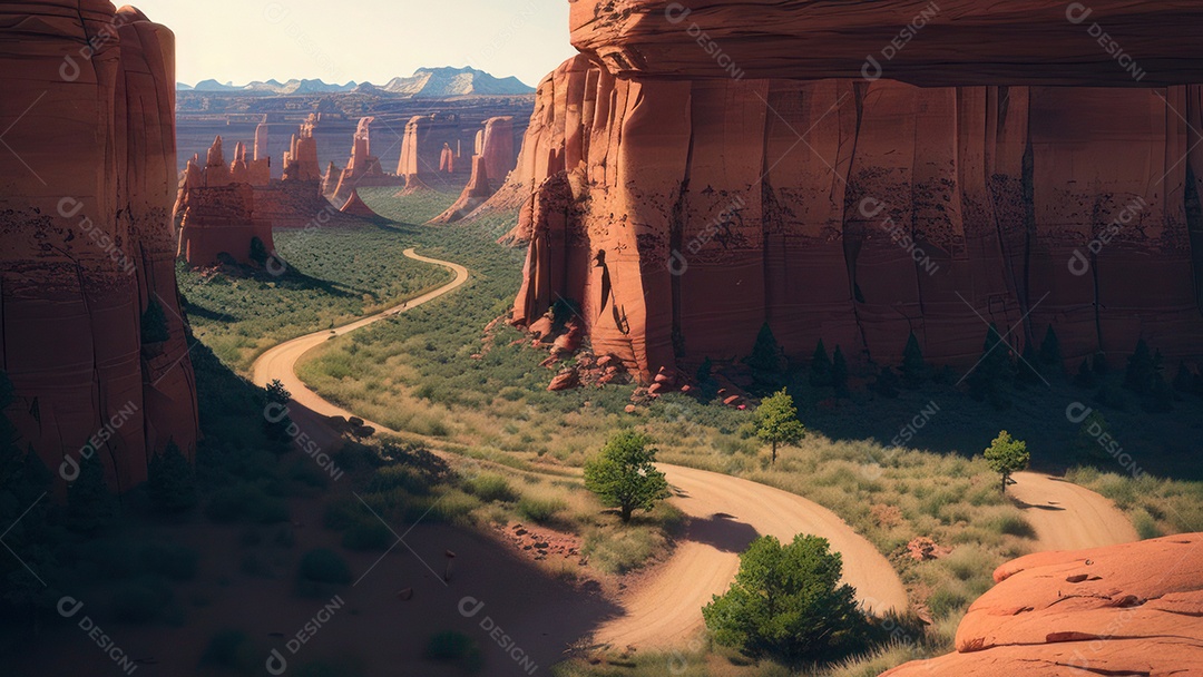 Imagem realista de deserto com rochas céu azul.