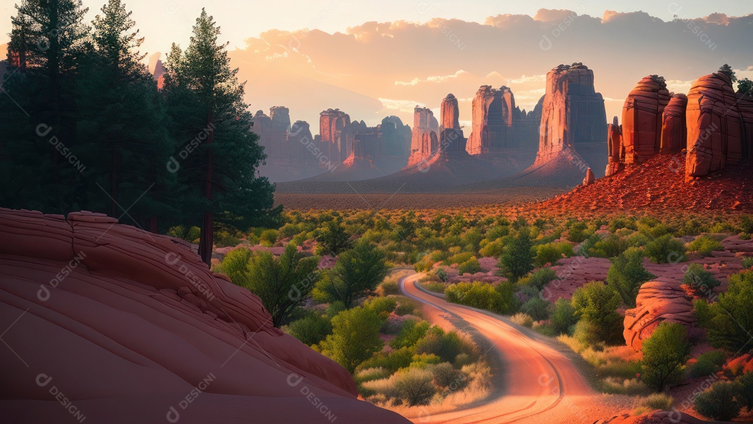 Imagem realista de deserto com rochas céu azul.