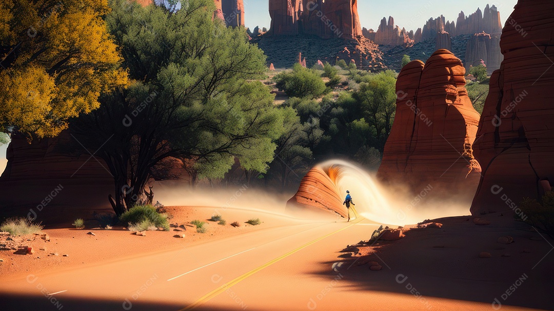 Imagem realista de deserto com rochas céu azul.