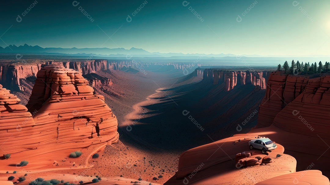 Imagem realista de deserto com rochas céu azul.