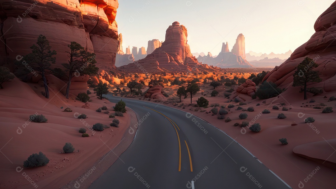 Imagem realista de deserto com rochas céu azul.