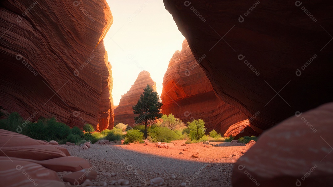 Imagem realista de deserto com rochas céu azul.