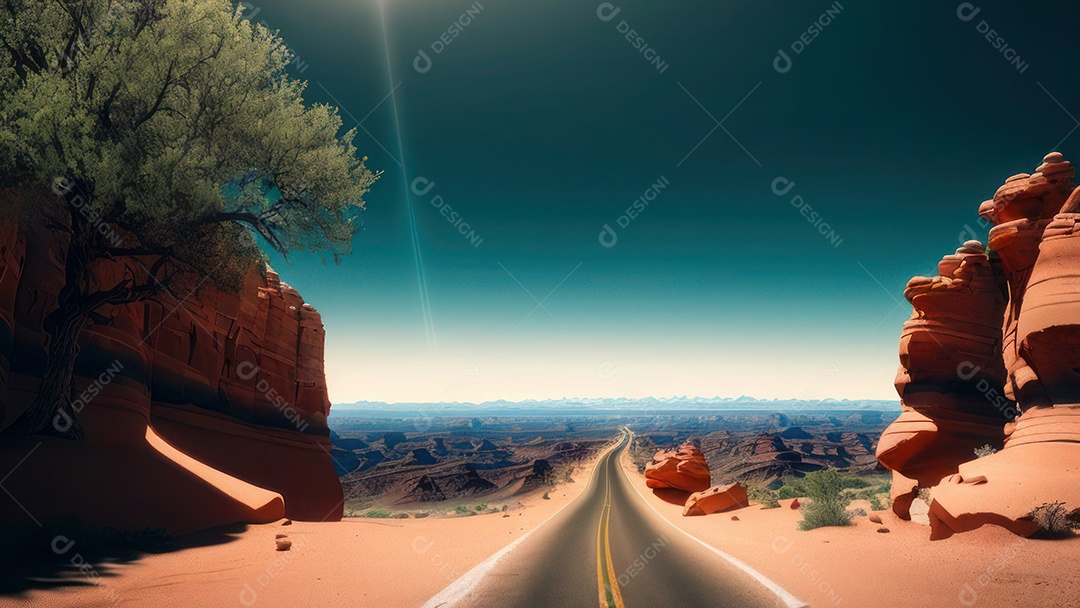 Imagem realista de deserto com rochas céu azul.