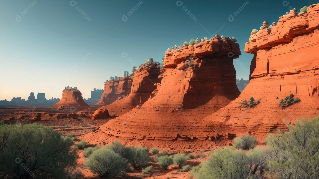 Imagem realista de deserto com rochas céu azul.