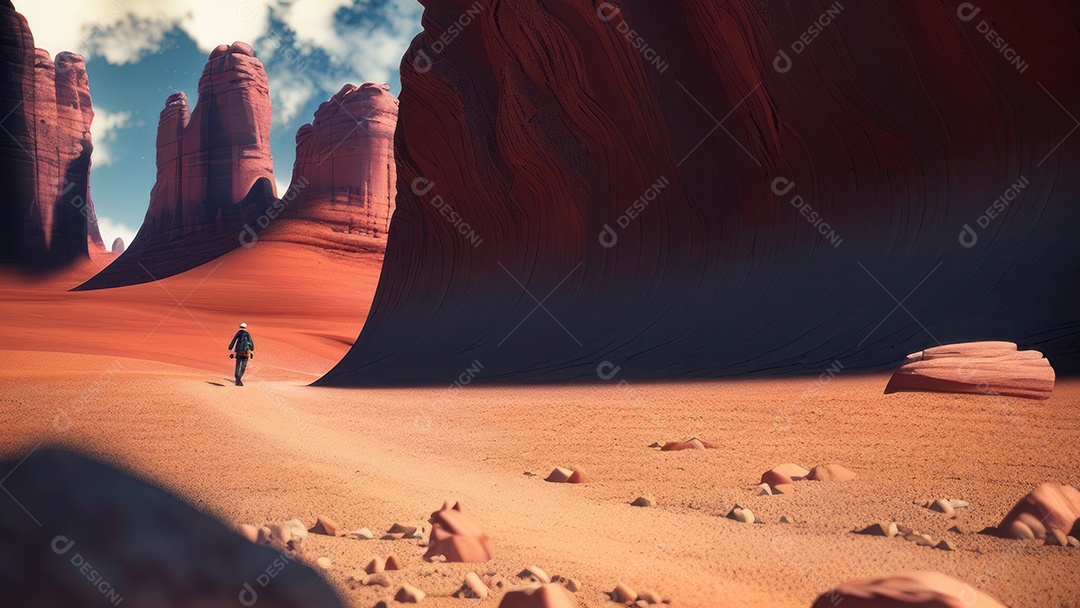 Imagem realista de deserto com rochas céu azul.