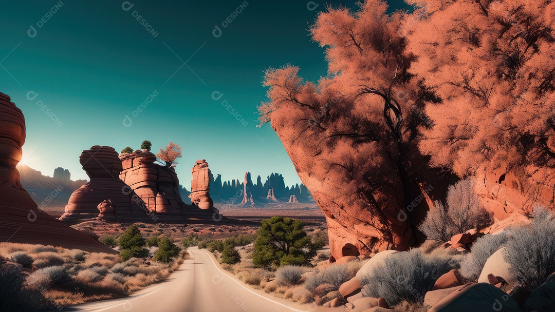 Imagem realista de deserto com rochas céu azul.