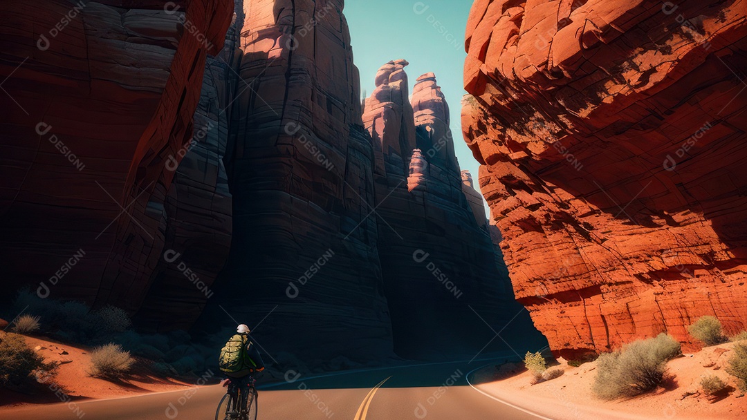 Imagem realista de deserto com rochas céu azul.