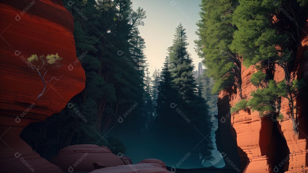 Imagem realista de deserto com rochas céu azul.