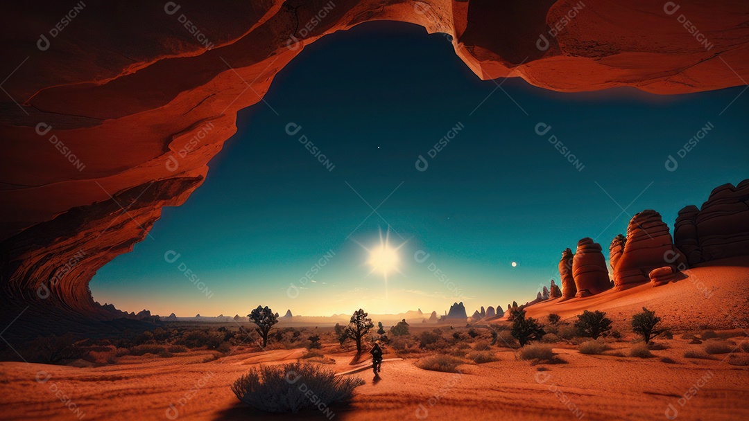 Imagem realista de deserto com rochas céu azul.