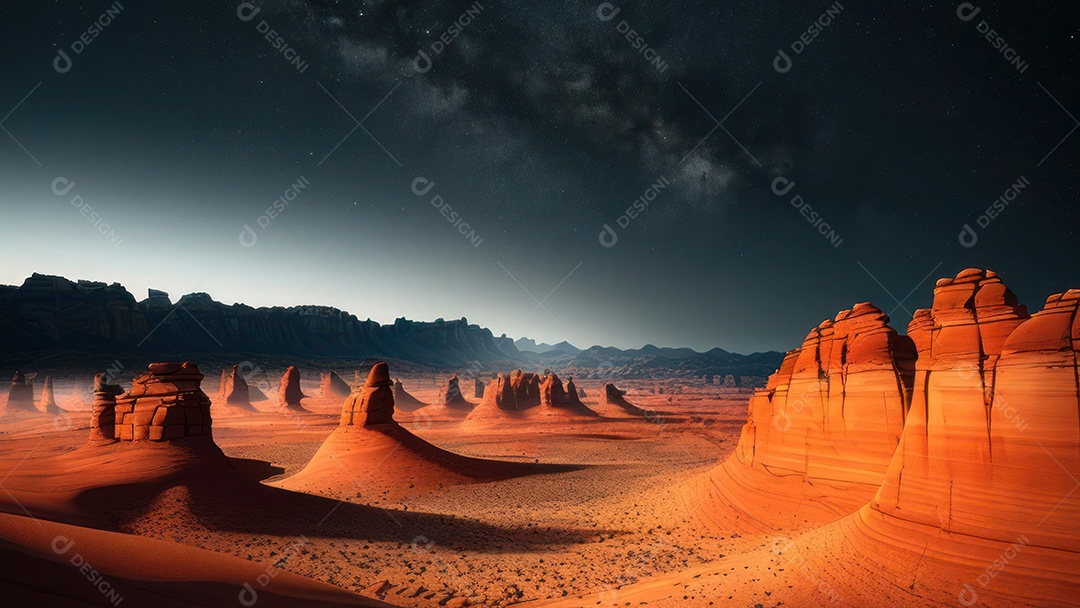 Imagem realista de deserto com rochas céu azul.