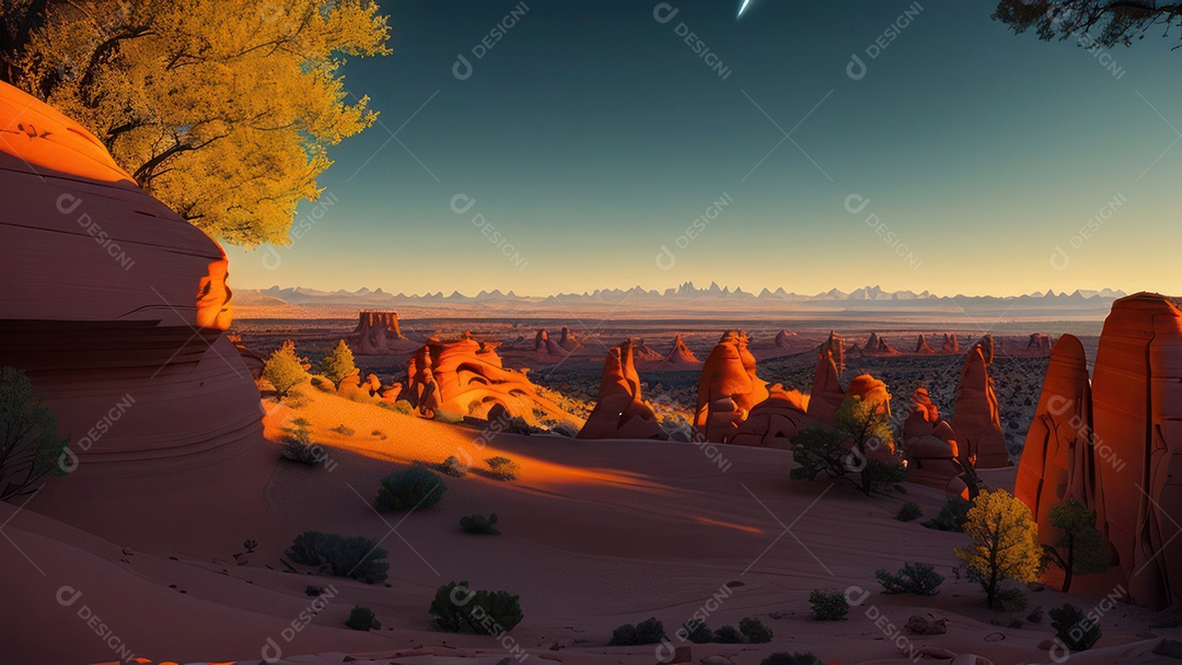 Imagem realista de deserto com rochas céu azul.