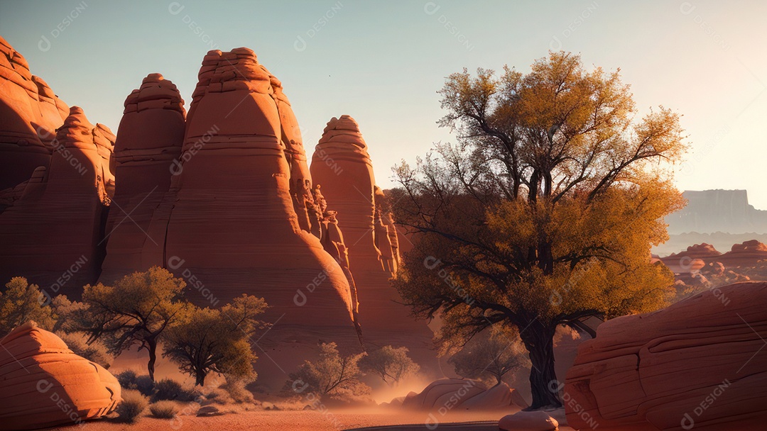 Imagem realista de deserto com rochas céu azul.