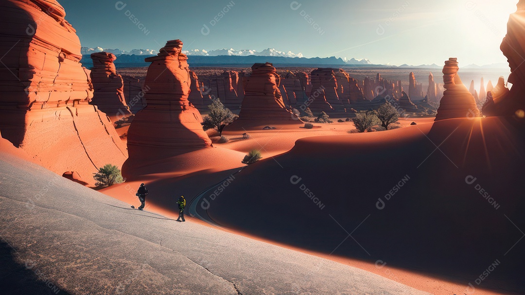 Imagem realista de deserto com rochas céu azul.